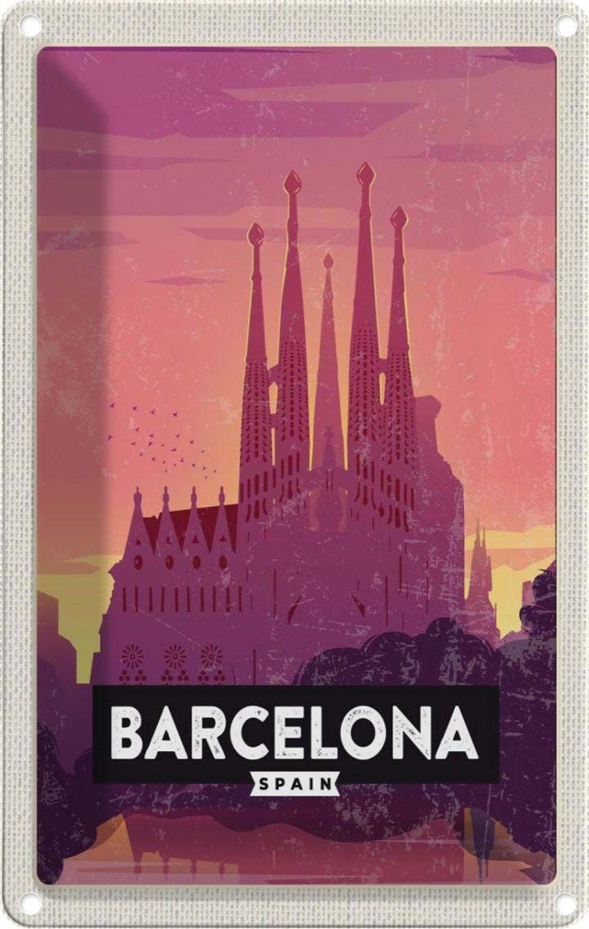 [LA-1782100] Blechschild 18x12 cm Barcelona malerisches Bild Kunst Bildmotiv Reisemotiv Abenteuer Reisen Urlaub