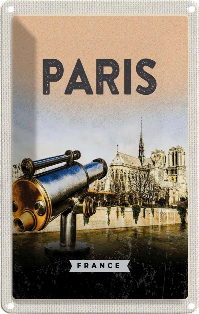 [LA-1782193] Blechschild 18x12 cm Paris Fernglas Notre-Dame Kathedrale Bildmotiv Reisemotiv Abenteuer Reisen Urlaub