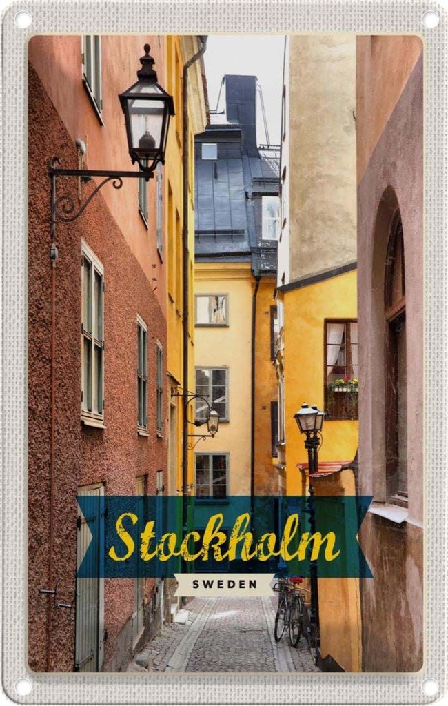 [LA-1782219] Blechschild 18x12 cm Stockholm Schweden Altstadt Gasse Bildmotiv Reisemotiv Abenteuer Reisen Urlaub