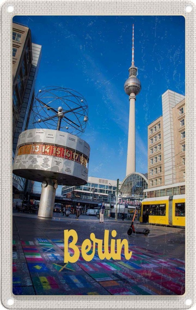 [LA-1782261] Blechschild 18x12 cm Berlin Deutschland Uhr Alexanderplatz Bildmotiv Reisemotiv Abenteuer Reisen Urlaub