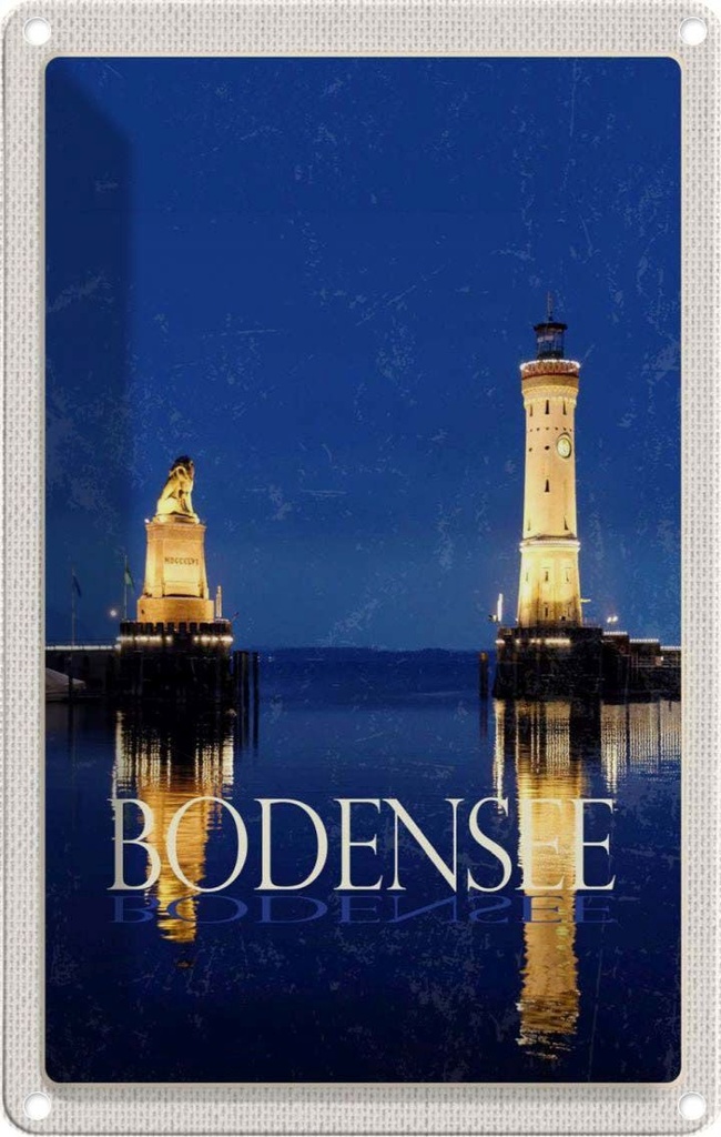 [LA-1782275] Blechschild 18x12 cm Bodensee Deutschland Leuchtturm Nacht Bildmotiv Reisemotiv Abenteuer Reisen Urlaub
