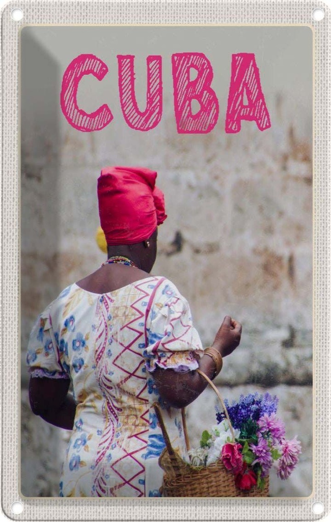 [LA-1782298] Blechschild 18x12 cm Cuba Karibik Urlaub Frau Korb mit Blumen Bildmotiv Reisemotiv Abenteuer Reisen