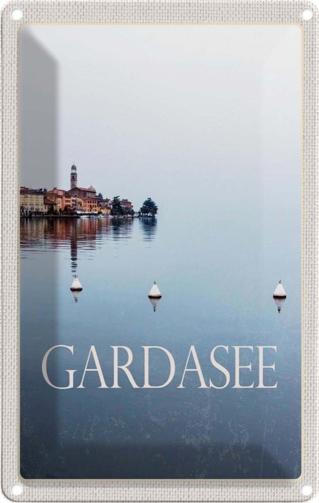 [LA-1782311] Blechschild 18x12 cm Gardasee Italien See Bäume Gebäude Bildmotiv Reisemotiv Abenteuer Reisen Urlaub