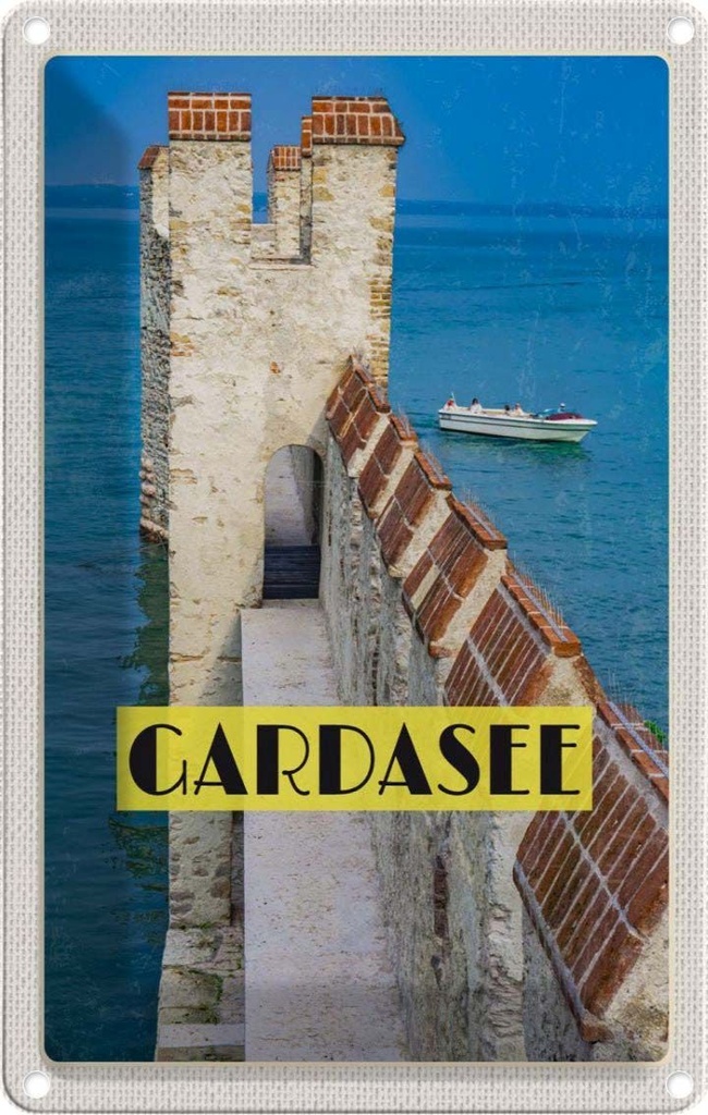 [LA-1782312] Blechschild 18x12 cm Gardasee Italien Boot Gebäude Sommer Bildmotiv Reisemotiv Abenteuer Reisen Urlaub