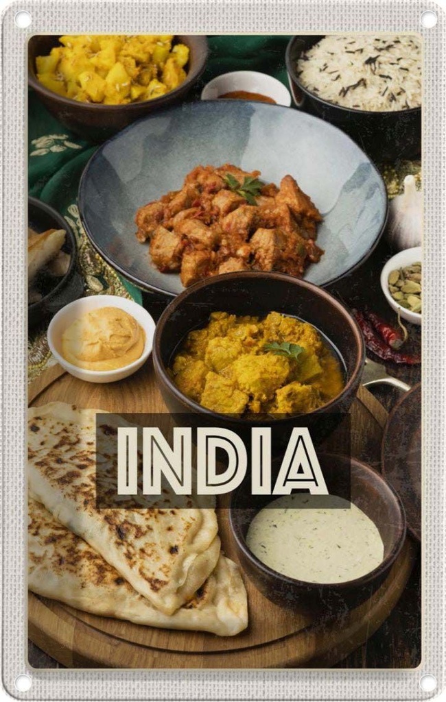 [LA-1782316] Blechschild 18x12 cm Indien Speisen Curry Hähnchen Reis Bildmotiv Reisemotiv Abenteuer Reisen Urlaub