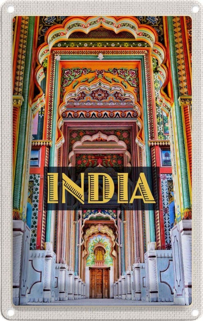 [LA-1782328] Blechschild 18x12 cm Indien Gemälde bunt Eingang Zeichnung Abenteuer Reisen Urlaub
