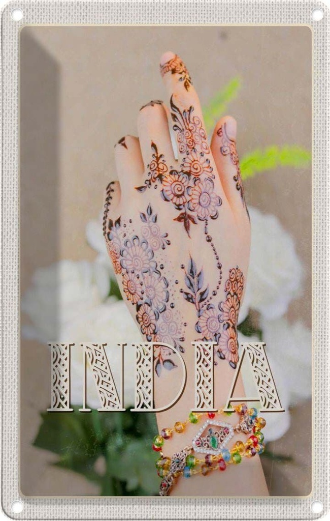 [LA-1782329] Blechschild 18x12 cm Indien Henna Hand Tradition Blume Bildmotiv Reisemotiv Abenteuer Reisen Urlaub