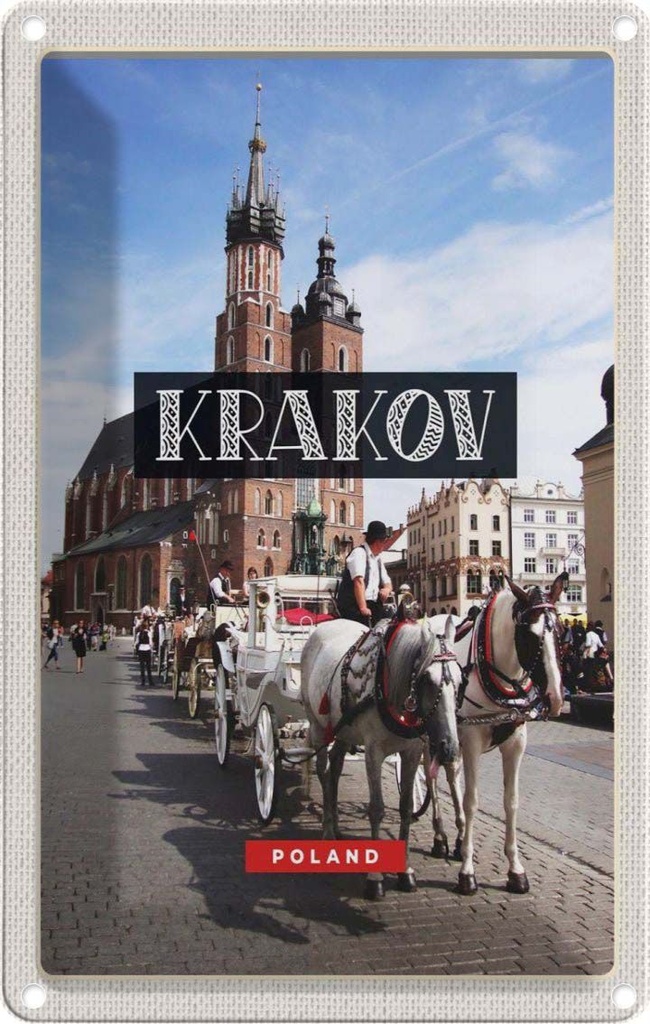 [LA-1782353] Blechschild 18x12 cm Krakow Polen Pferd Innenstadt Kirche Bildmotiv Reisemotiv Abenteuer Reisen Urlaub