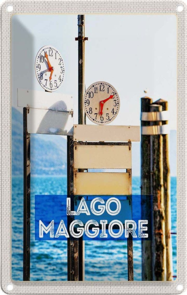 [LA-1782376] Blechschild 18x12 cm Lago Maggiore Urlaub Uhr Zeit Meer Gebirge Bildmotiv Reisemotiv Abenteuer Reisen