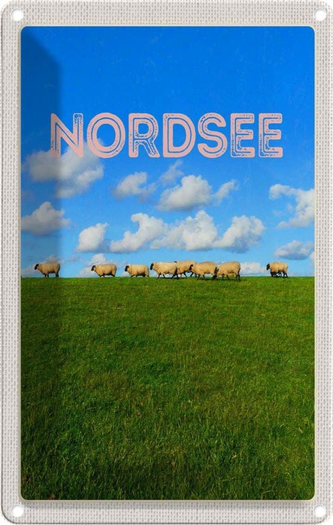 [LA-1782393] Blechschild 18x12 cm Nordsee Wolken Wiese Schafe Bildmotiv Reisemotiv Abenteuer Reisen Urlaub