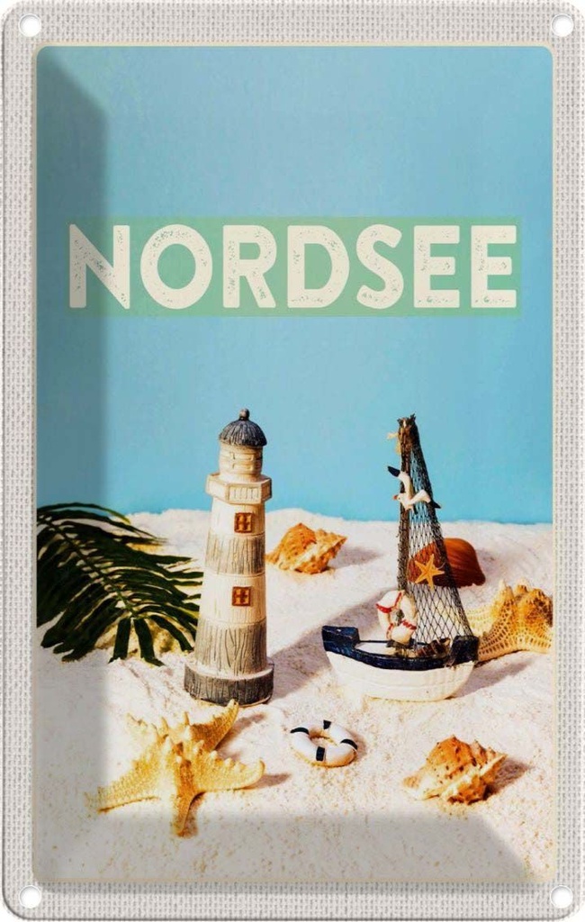 [LA-1782401] Blechschild 18x12 cm Nordsee Leuchtturm Strand Seestern Bildmotiv Reisemotiv Abenteuer Reisen Urlaub