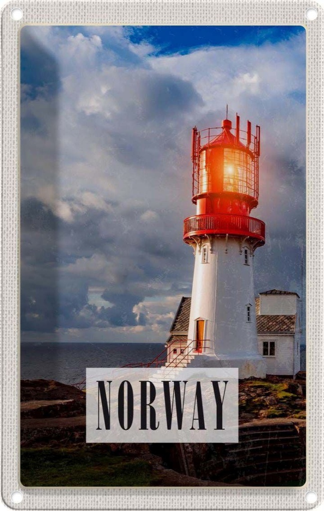 [LA-1782405] Blechschild 18x12 cm Norwegen Leuchtturm Gewitter Meer Bildmotiv Reisemotiv Abenteuer Reisen Urlaub
