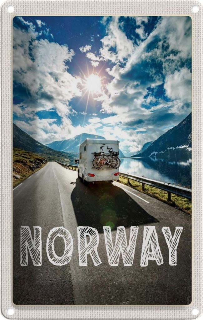 [LA-1782412] Blechschild 18x12 cm Norwegen Campingreise Fahrrad Meer Bildmotiv Reisemotiv Abenteuer Reisen Urlaub