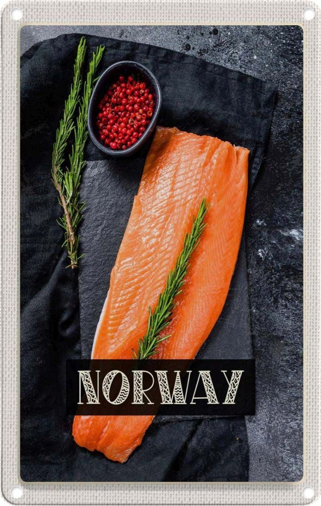 [LA-1782417] Blechschild 18x12 cm Norwegen Delikatesse Lachs Thymian Bildmotiv Reisemotiv Abenteuer Reisen Urlaub