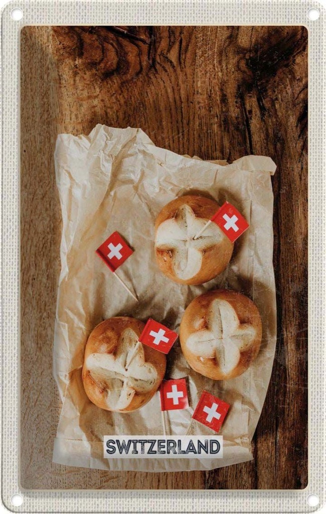 [LA-1782429] Blechschild 18x12 cm Schweiz Gerichte Laugen-knoten Bildmotiv Reisemotiv Abenteuer Reisen Urlaub