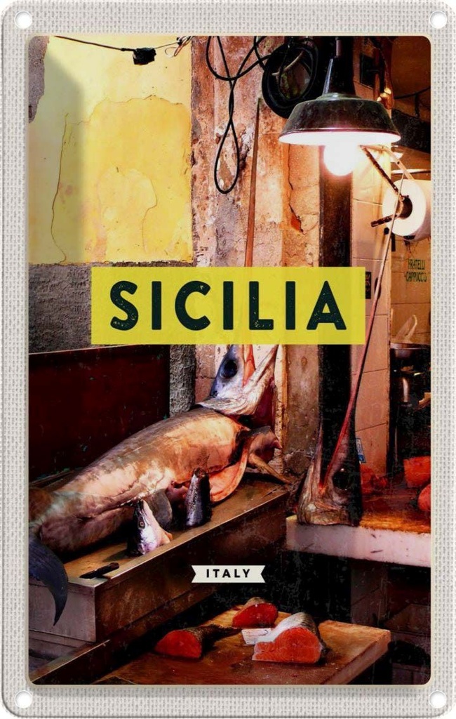 [LA-1782442] Blechschild 18x12 cm Sizilien Italien Fisch Hornhecht Bildmotiv Reisemotiv Abenteuer Reisen Urlaub