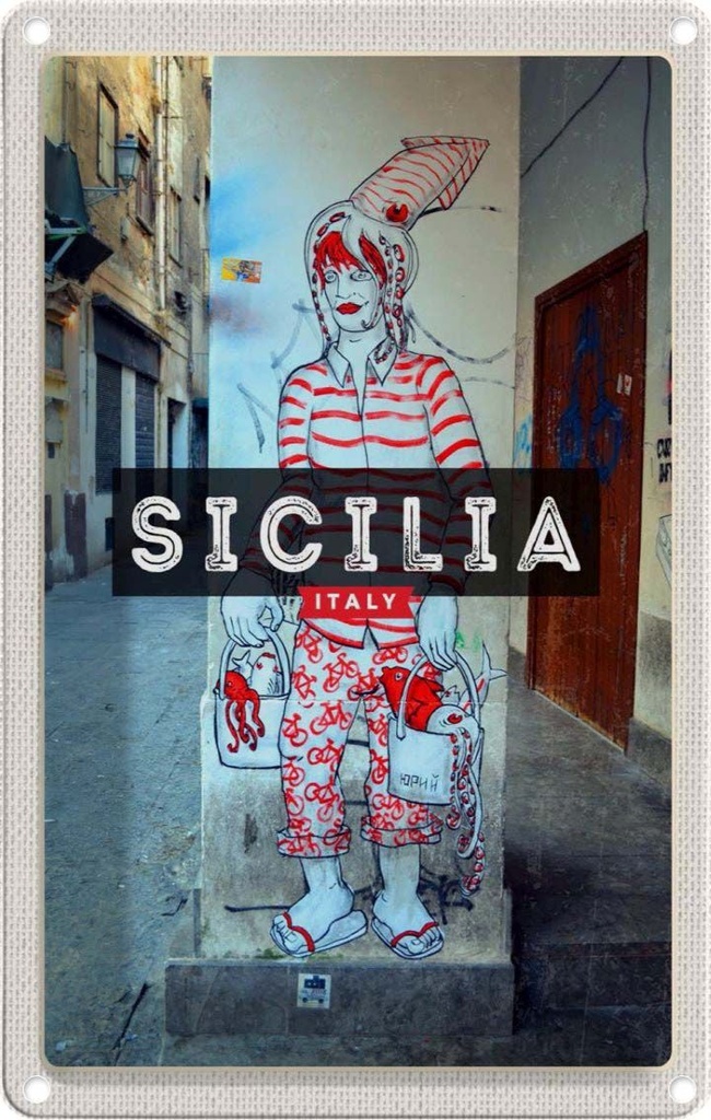 [LA-1782443] Blechschild 18x12 cm Sizilien Spezialitäten Tintenfisch Bildmotiv Reisemotiv Abenteuer Reisen Urlaub
