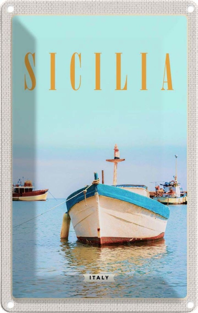 [LA-1782448] Blechschild 18x12 cm Sizilien Italien Urlaub Boot Ufer Strand Meer Bildmotiv Reisemotiv Abenteuer Reisen