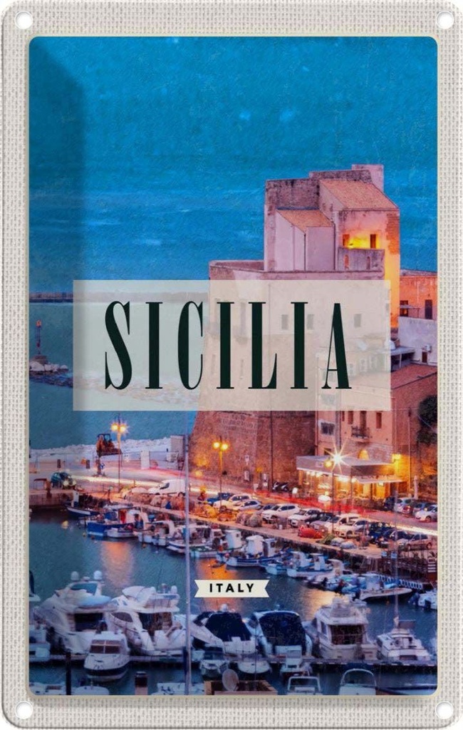 [LA-1782449] Blechschild 18x12 cm Sizilien Nacht Urlaub Ausblick auf Ufer Boot Bildmotiv Reisemotiv Abenteuer Reisen