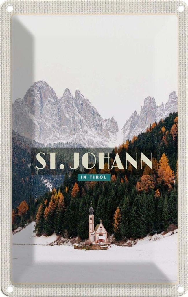 [LA-1782455] Blechschild 18x12 cm St. Johann Reisen Urlaub in Tirol Schnee Wald Winter Bildmotiv Reisemotiv Abenteuer
