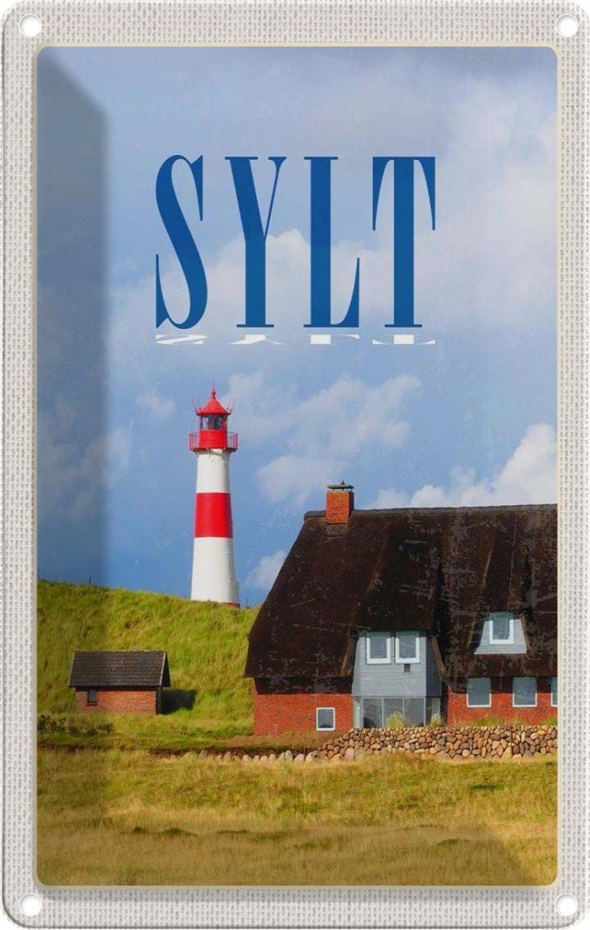 [LA-1782490] Blechschild 18x12 cm Sylt Häuser Urlaub Dach aus Moos Leuchtturm Bildmotiv Reisemotiv Abenteuer Reisen