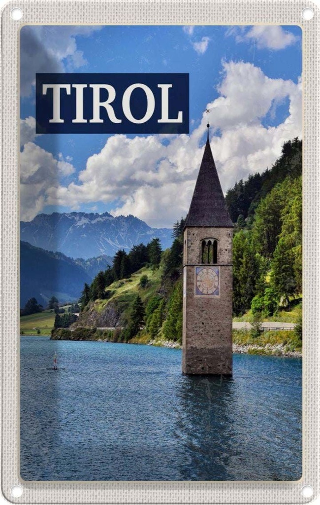 [LA-1782502] Blechschild 18x12 cm Tirol Österreich Kirchturm im Wasser Bildmotiv Reisemotiv Abenteuer Reisen Urlaub