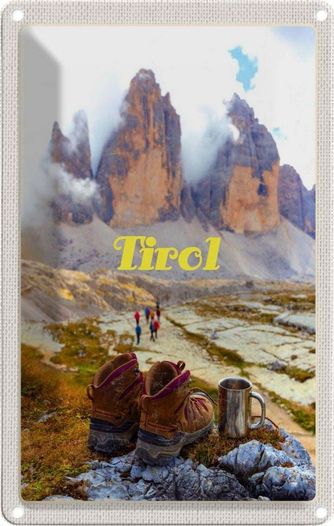 [LA-1782507] Blechschild 18x12 cm Tirol Wanderung Schuhe kaltes Getränk Bildmotiv Reisemotiv Abenteuer Reisen Urlaub