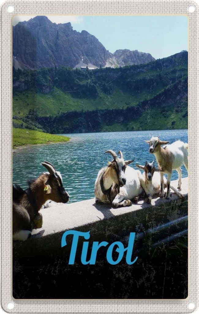 [LA-1782511] Blechschild 18x12 cm Tirol Österreich Ziegen Wasser Bildmotiv Reisemotiv Abenteuer Reisen Urlaub