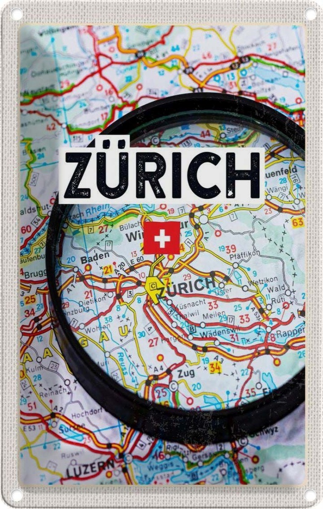 [LA-1782535] Blechschild 18x12 cm Zürich Schweiz Karte Lupe Stadt Bildmotiv Reisemotiv Abenteuer Reisen Urlaub