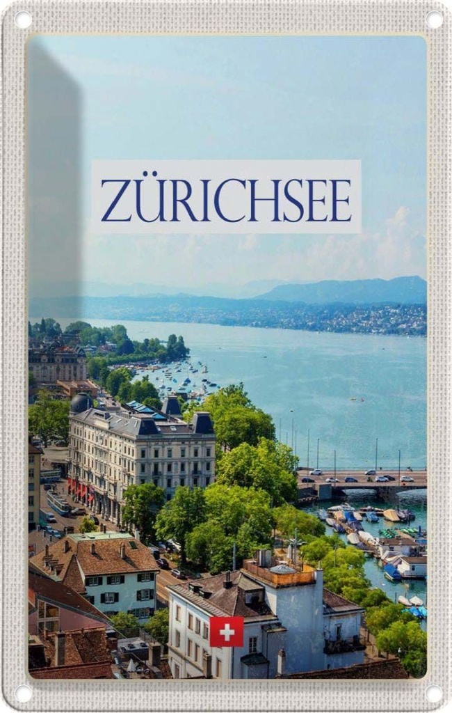 [LA-1782543] Blechschild 18x12 cm Schweiz Zürichsee Wald Stadt Gebirge Bildmotiv Reisemotiv Abenteuer Reisen Urlaub
