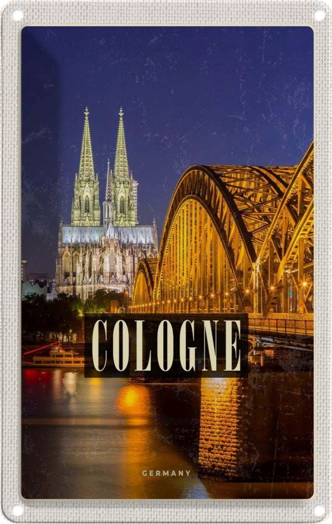 [LA-1782551] Blechschild 18x12 cm Köln Brücke Urlaub Stadt Dom Abend Lichter Bildmotiv Reisemotiv Abenteuer Reisen