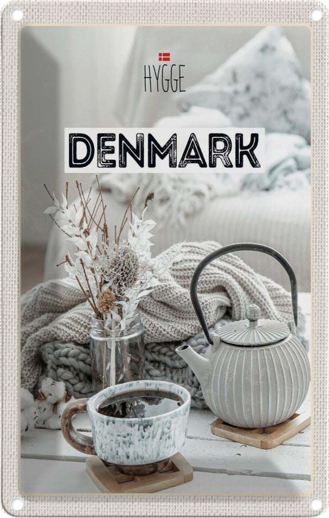 [LA-1782570] Blechschild 18x12 cm Dänemark weiß Teekanne gemütlich Decke Abenteuer Reisen Urlaub