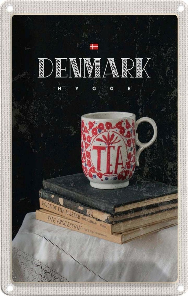 [LA-1782573] Blechschild 18x12 cm Dänemark Teetasse Bücher Tischdecke Bildmotiv Reisemotiv Abenteuer Reisen Urlaub
