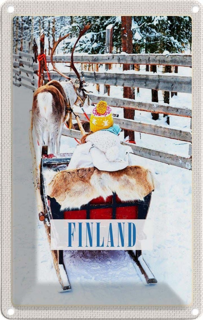 [LA-1782593] Blechschild 18x12 cm Finnland Schnee Kind Hirsch Schlitten Bildmotiv Reisemotiv Abenteuer Reisen Urlaub
