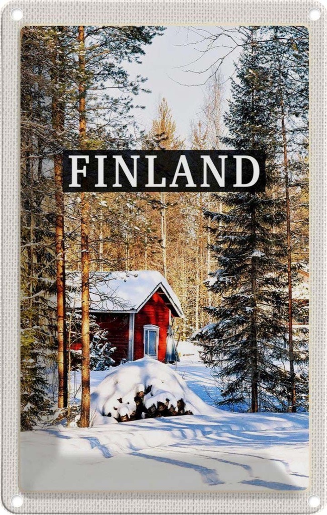 [LA-1782596] Blechschild 18x12 cm Finnland Winterzeit Schnee Wald Bildmotiv Reisemotiv Abenteuer Reisen Urlaub