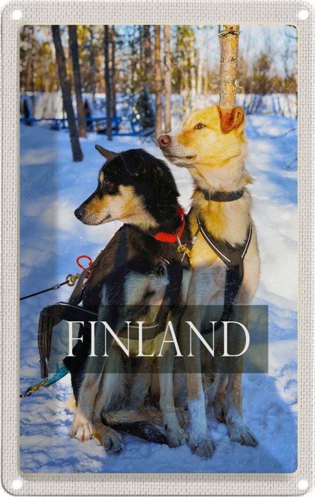 [LA-1782597] Blechschild 18x12 cm Finnland Schnee Winterzeit Wald Hunde Hund