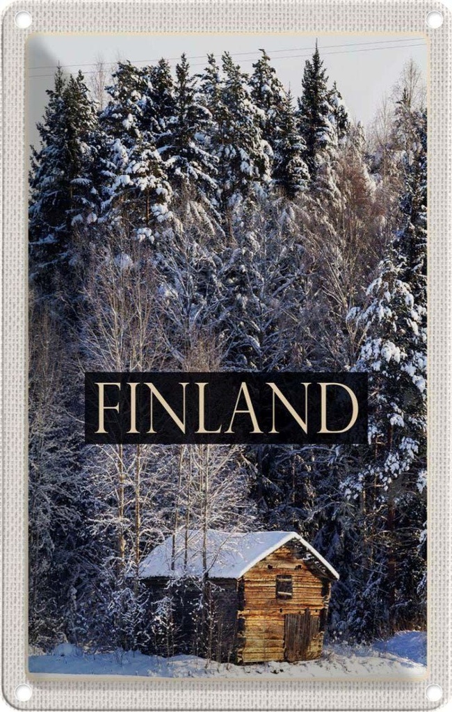 [LA-1782598] Blechschild 18x12 cm Finnland Haus Schnee Wald Winterzeit Bildmotiv Reisemotiv Abenteuer Reisen Urlaub