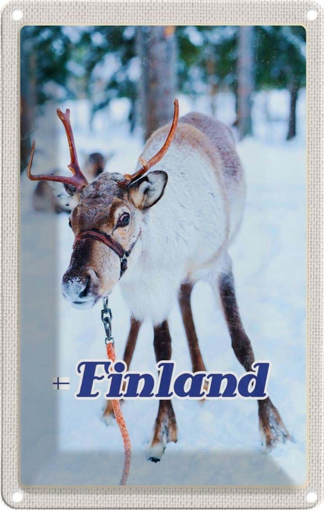 [LA-1782602] Blechschild 18x12 cm Finnland Hirsch Wald kalt Schnee Bildmotiv Reisemotiv Abenteuer Reisen Urlaub