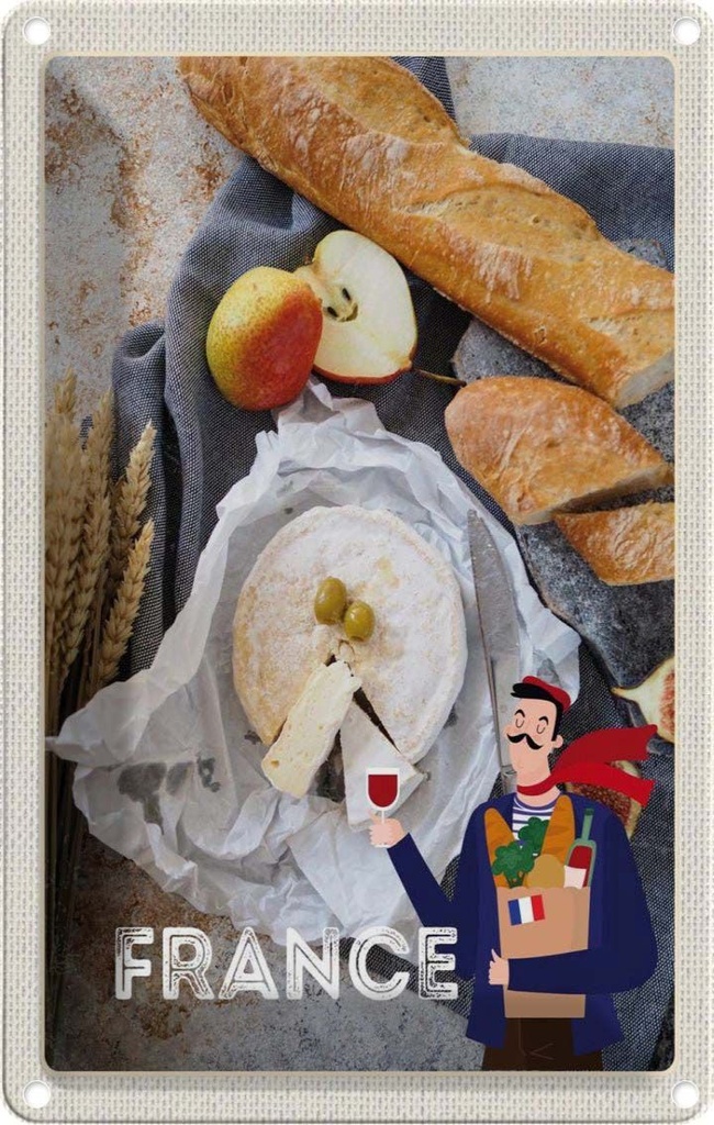 [LA-1782608] Blechschild 18x12 cm Frankreich Baguette Käse Birne Olive Abenteuer Reisen Urlaub