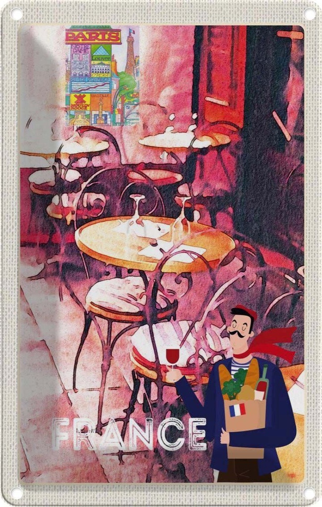 [LA-1782609] Blechschild 18x12 cm Frankreich Restaurant Gemälde Stühle Abenteuer Reisen Urlaub