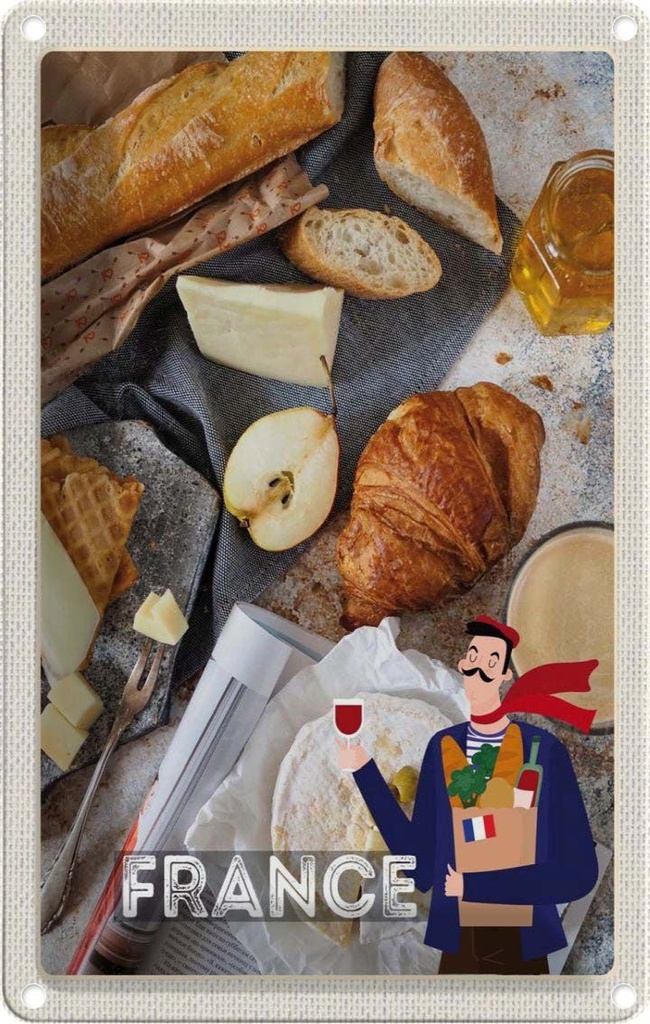 [LA-1782626] Blechschild 18x12 cm Frankreich Camembert Croissant Birne Abenteuer Reisen Urlaub
