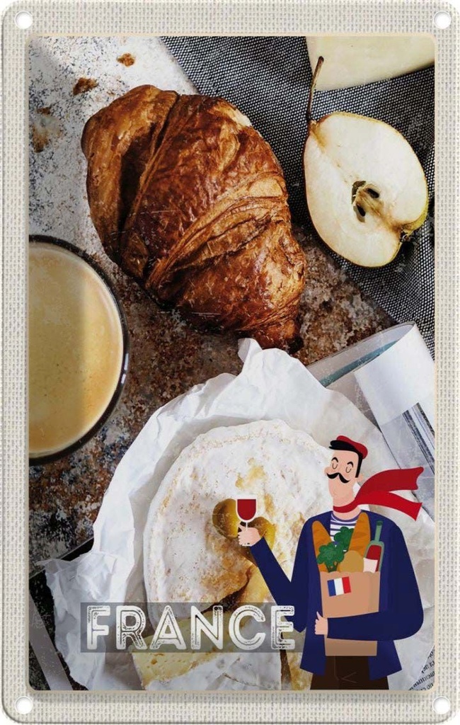[LA-1782627] Blechschild 18x12 cm Frankreich Kaffee Croissant Birne Abenteuer Reisen Urlaub
