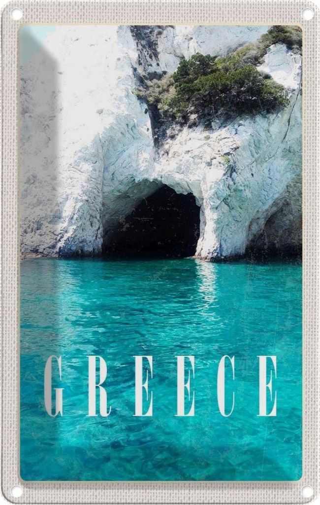 [LA-1782628] Blechschild 18x12 cm Greece Meer Strand Stein Höhle Bildmotiv Reisemotiv Abenteuer Reisen Urlaub