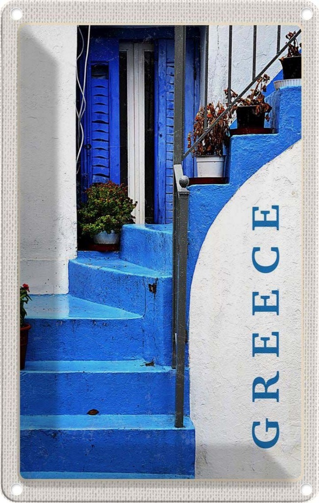[LA-1782630] Blechschild 18x12 cm Greece Griechenland blaue Treppen Bildmotiv Reisemotiv Abenteuer Reisen Urlaub
