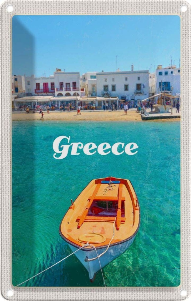 [LA-1782632] Blechschild 18x12 cm Greece Griechenland Meer Boot Strand Bildmotiv Reisemotiv Abenteuer Reisen Urlaub
