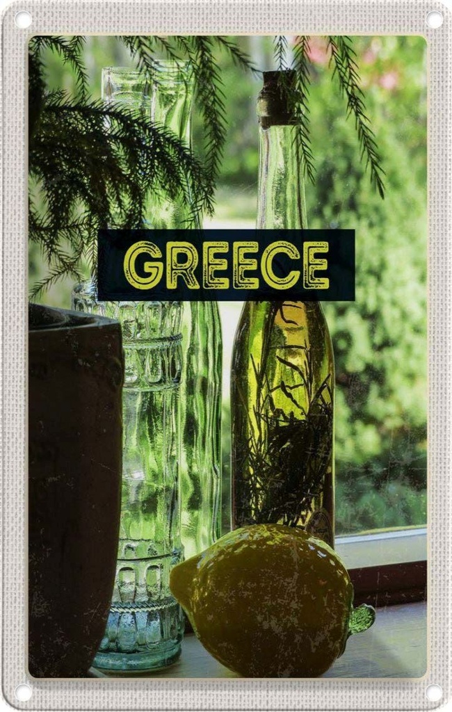[LA-1782636] Blechschild 18x12 cm Greece Griechenland Flaschen Bildmotiv Reisemotiv Abenteuer Reisen Urlaub