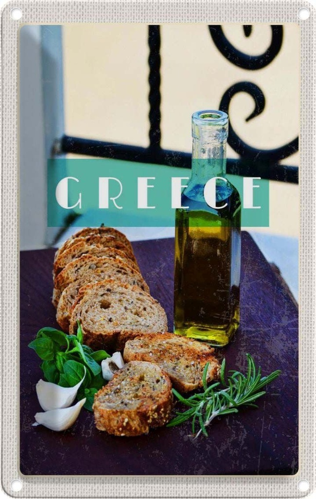 [LA-1782638] Blechschild 18x12 cm Greece Griechenland Öl Knoblauch Brot Bildmotiv Reisemotiv Abenteuer Reisen Urlaub