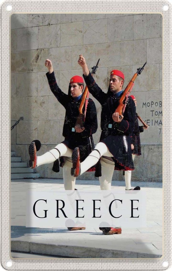 [LA-1782639] Blechschild 18x12 cm Greece Griechenland Soldaten Waffe Hut Bildmotiv Reisemotiv Abenteuer Reisen Urlaub