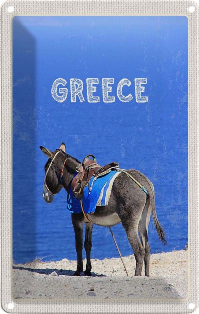 [LA-1782640] Blechschild 18x12 cm Greece Griechenland Esel Blick Meer Bildmotiv Reisemotiv Abenteuer Reisen Urlaub