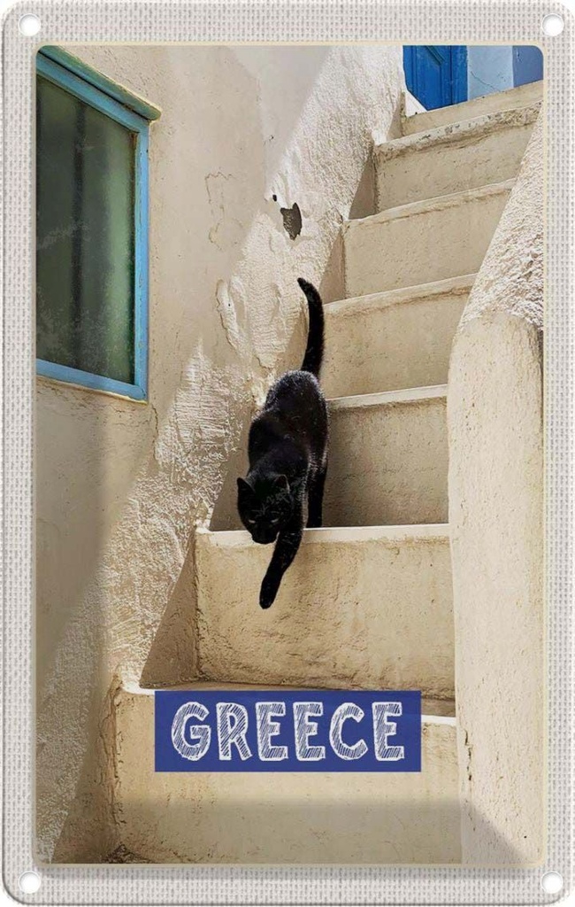 [LA-1782642] Blechschild 18x12 cm Greece Griechenland weiße Treppe Katze Bildmotiv Reisemotiv Abenteuer Reisen Urlaub